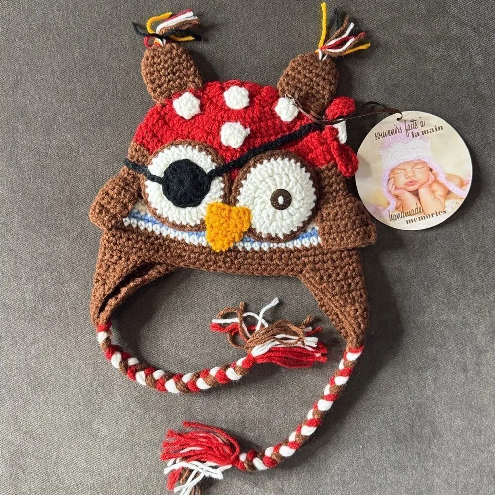 Daisy Baby Unisex Owl Pirate Hook Crocheted Hat Beanie 6-12 months NEW